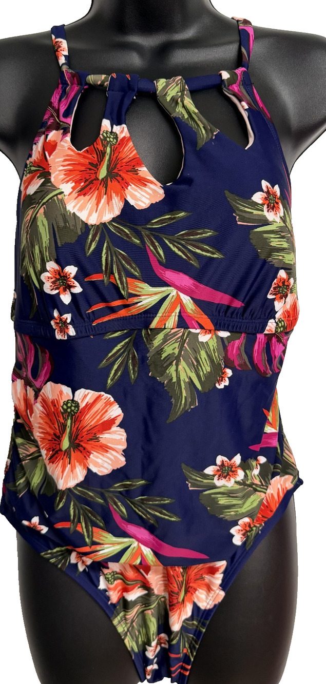 Kona Sol Keyhole Swimsuit Women 14W Blue Hibiscus Floral High Coverage One Piece